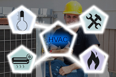 HVAC in glowing text surrounded by HVAC maintenance in Ocean County icons imposed on a photo of HVAC technician